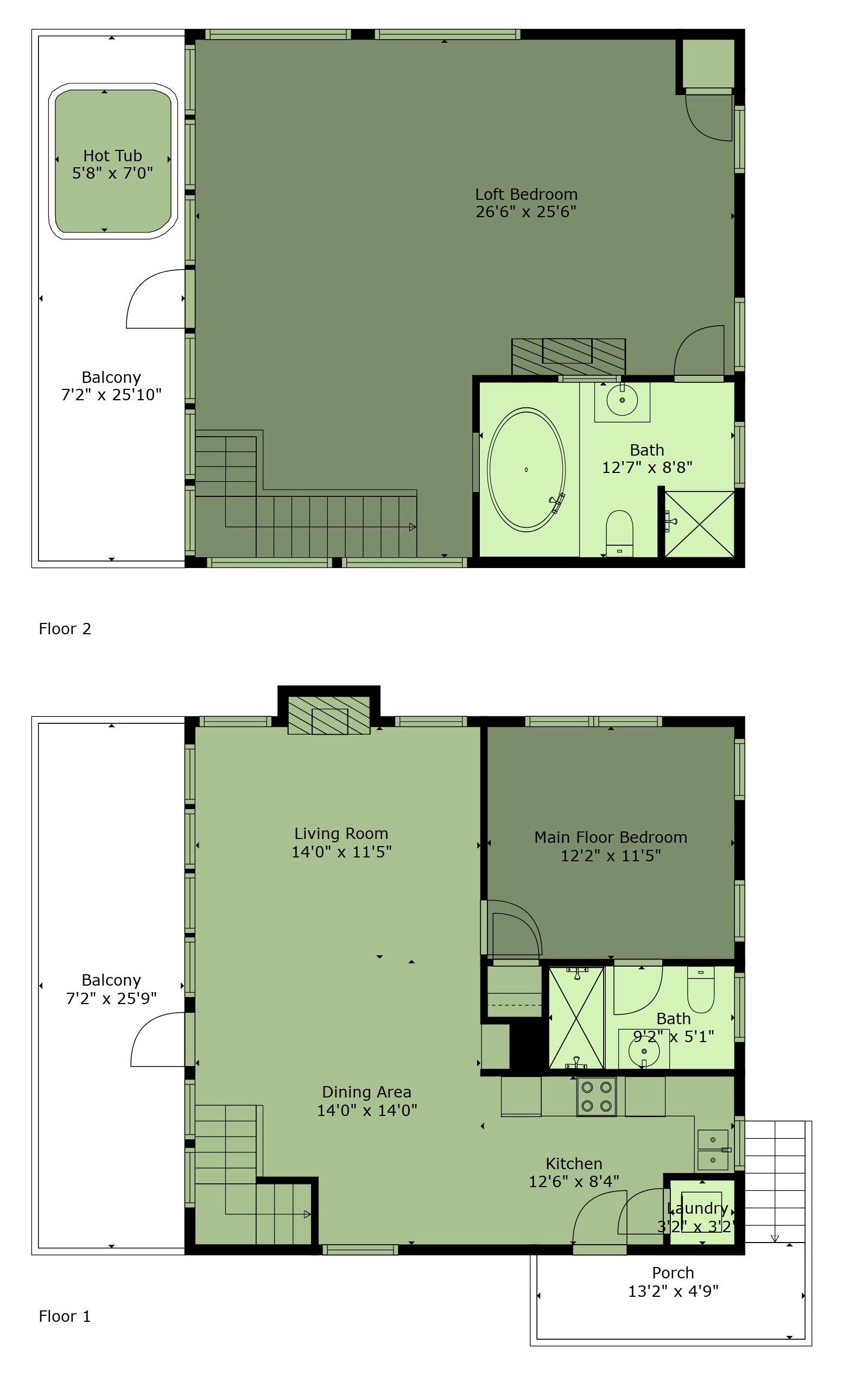 En planritning över ett hus med ett sovloft, ett bubbelbad, en balkong, ett vardagsrum, ett sovrum på bottenvåningen, en matplats, ett kök, ett badrum och en veranda.