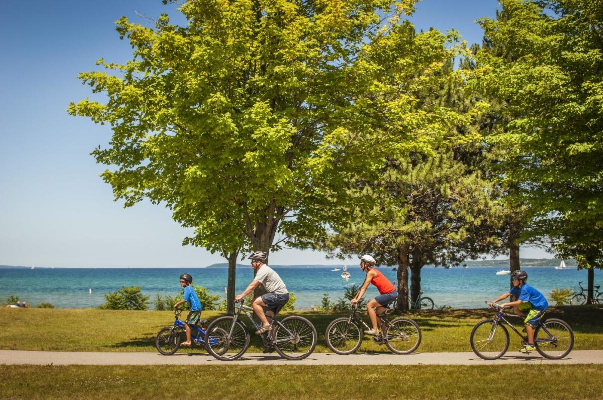 Een groep mensen fietst over een pad langs bomen, met uitzicht op de oceaan.