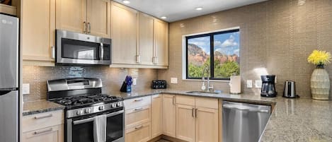 Fridge, microwave, oven, stovetop