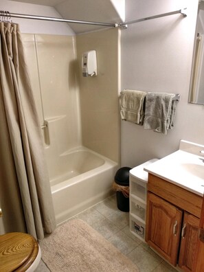 Combined shower/bathtub, hair dryer, towels, soap