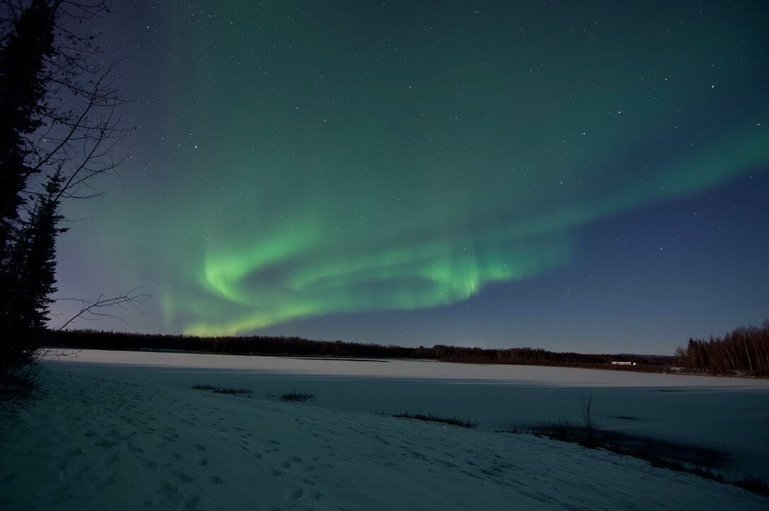 A snowy landscape with a clear night sky and the Northern Lights.