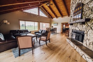 Smart TV, fireplace, DVD player, foosball