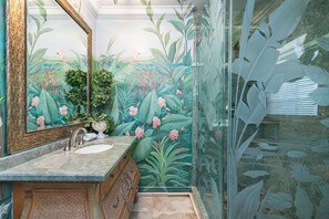 Combined shower/bathtub, hair dryer, towels, shampoo
