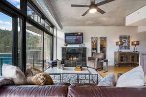 Smart TV, fireplace, books