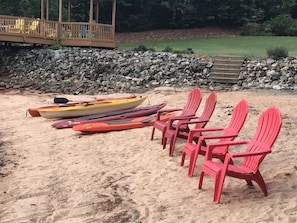 On the beach, sun loungers, beach towels