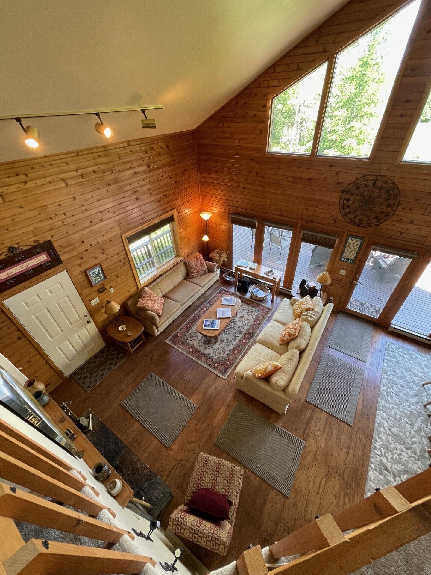 TV connectée, cheminée, lecteur de DVD, livres