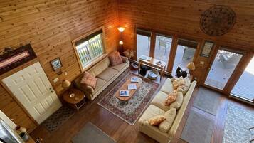 TV connectée, cheminée, lecteur de DVD, livres