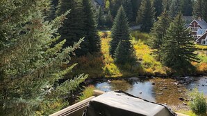 Une vue depuis un balcon donnant sur une zone boisée, avec un ruisseau, des maisons en arrière-plan et un espace extérieur aménagé avec des sièges.