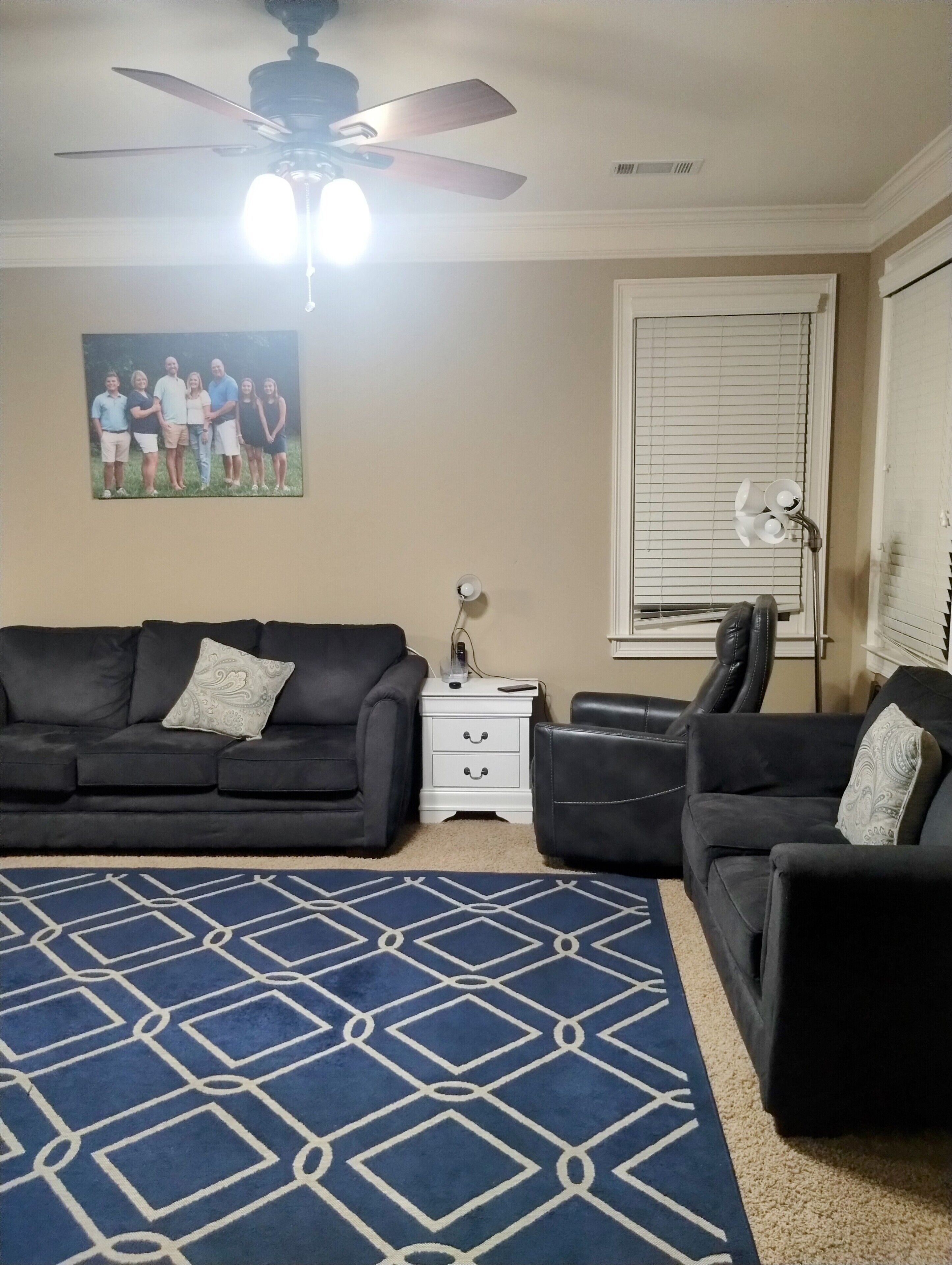 Ein Wohnzimmer mit einem dunkelgrauen Sofa, einem gemusterten Teppich, einem Deckenventilator, einem weißen Nachttisch und einem Fenster mit Jalousien.