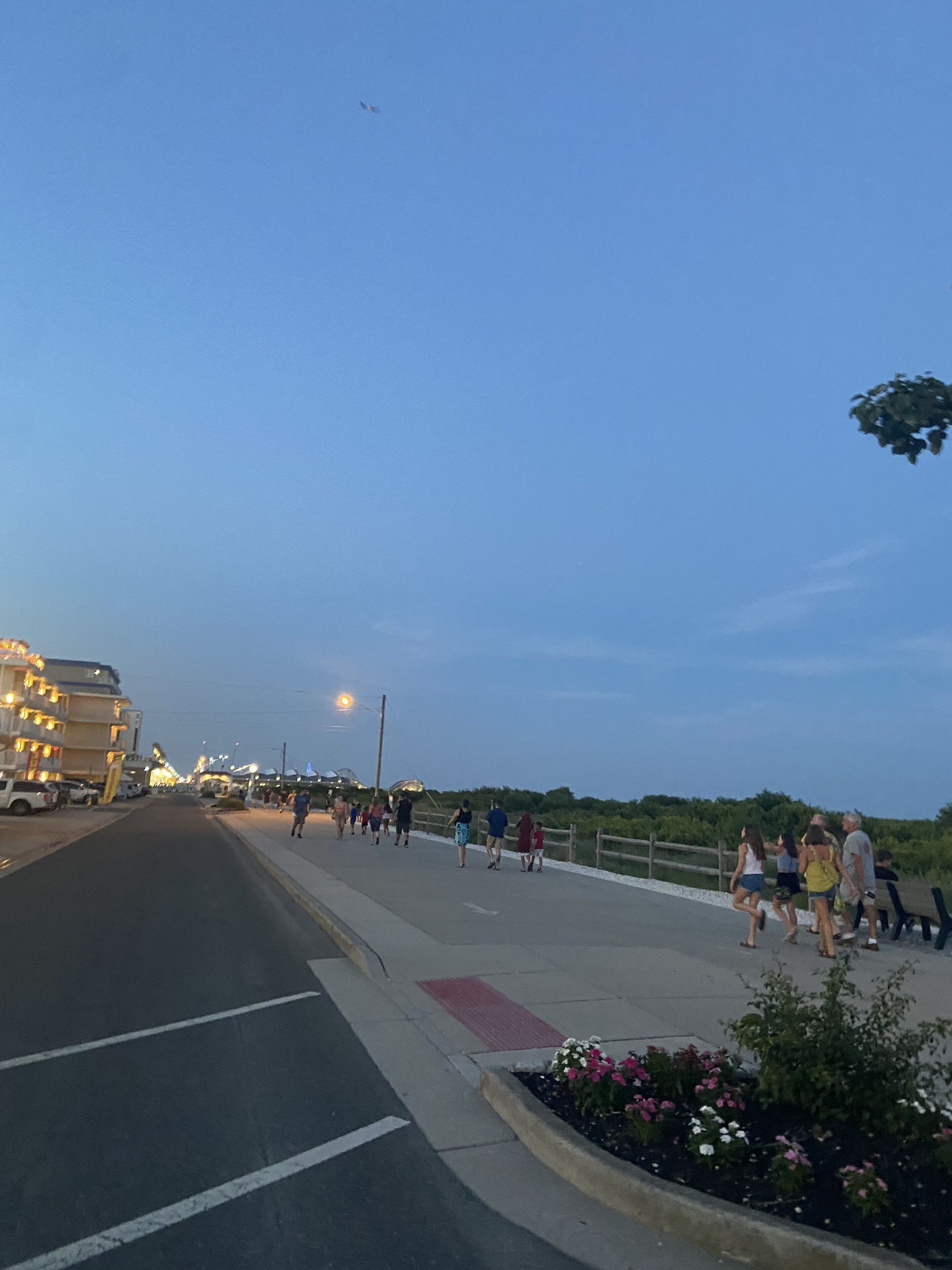 A coastal walkway with people walking, a road with vehicles, and a building with lights.