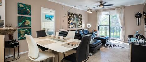 Smart TV, DVD player, books, music library