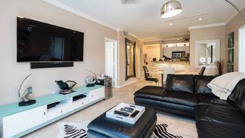 Smart TV, DVD player, books, music library