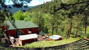 Una cabaña con techo verde, jacuzzi y terraza amueblada.