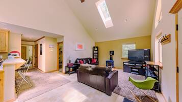 TV connectée, cheminée, lecteur de DVD, livres