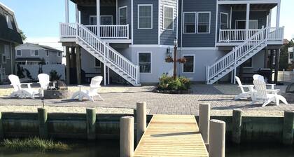 Bayfront with dock, waters edge fire pit, Beach Haven Park, Long Beach Island.