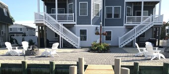 Bayfront with dock, waters edge fire pit, Beach Haven Park, Long Beach Island.