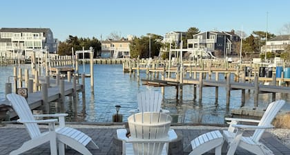Bayfront with dock, waters edge fire pit, Beach Haven Park, Long Beach Island.