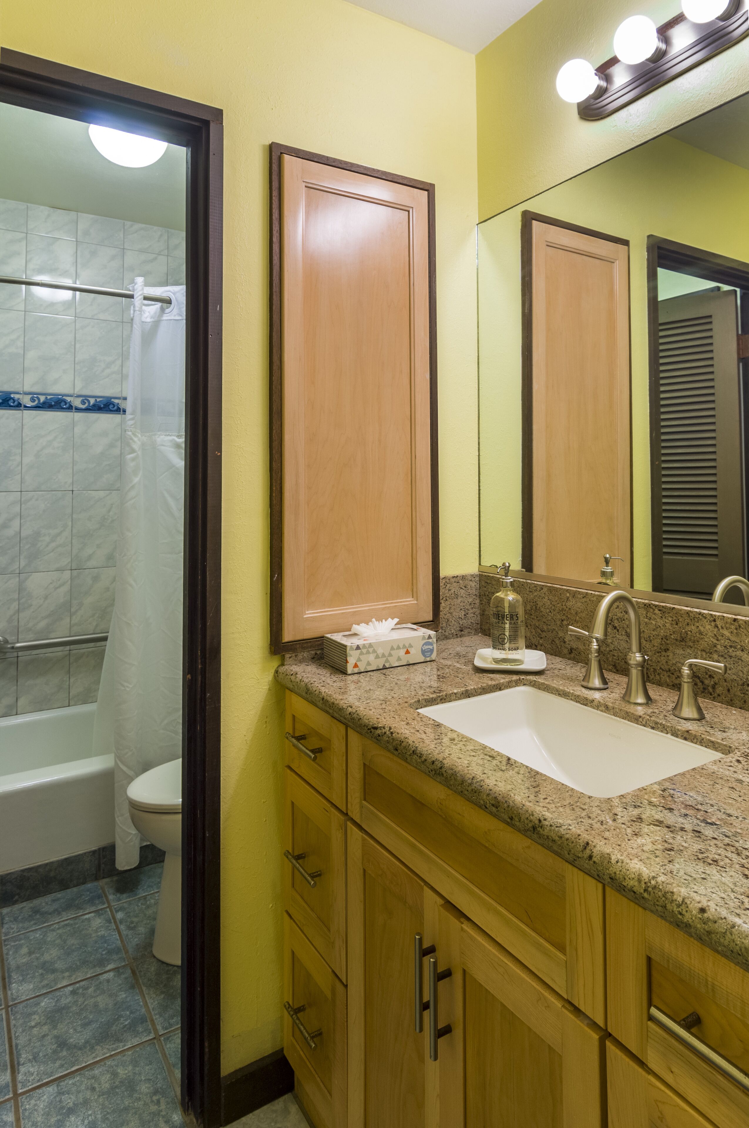 Combined shower/tub, hair dryer, towels, soap