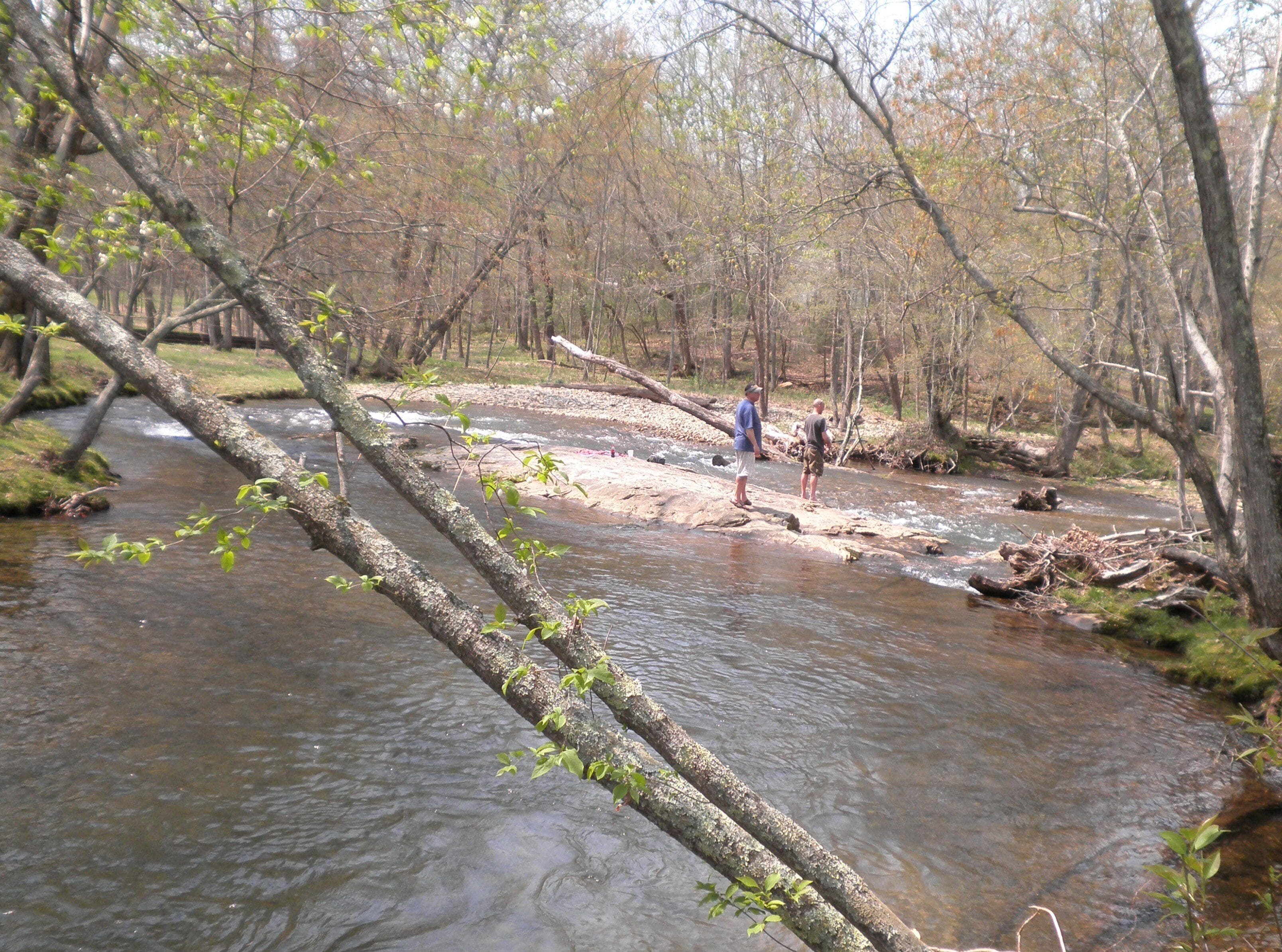 Un río con un árbol caído al frente y dos personas de pie sobre una roca en medio del río.