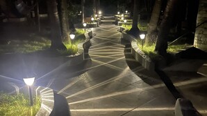 A nighttime pathway with evenly spaced street lamps and planters along the sides. - Casa Serena, Playa Grande. A private beachfront property! (Playa Grande)