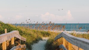 A wooden boardwalk leading to a beach with sand dunes and seaweed. - Oceanfront Dream Vacation! 11th Floor-What a View!! + Beach Locker-Book Early! (Myrtle Beach)