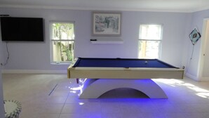 A pool table in a room with white walls, a mounted television, and two windows with blinds.