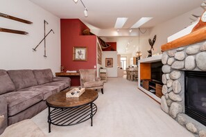 Televisio, takka, DVD-soitin, kirjoja