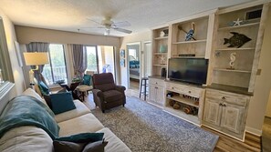 TV, DVD player, books, stereo