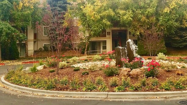 A landscaped garden with a fountain, trees, and a building in the background.