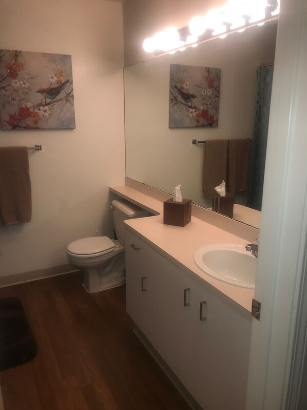 Un baño con inodoro, lavabo y espejo. Hay dos cuadros en la pared y un perchero con toallas.