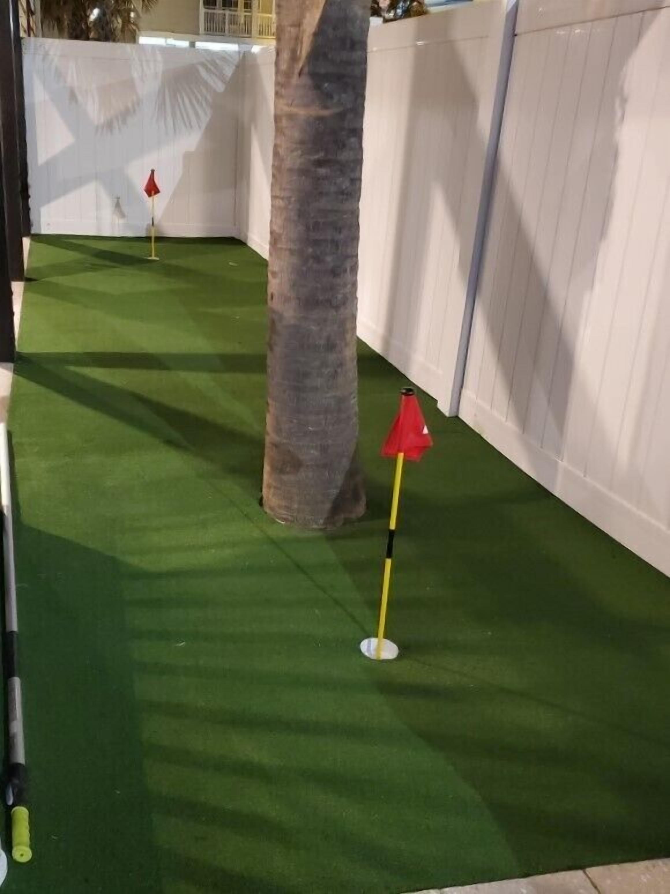 Golfkentän lyöntialue, jossa on keinotekoinen nurmi, ja jonka ympärillä on valkoiset seinät ja palmu.