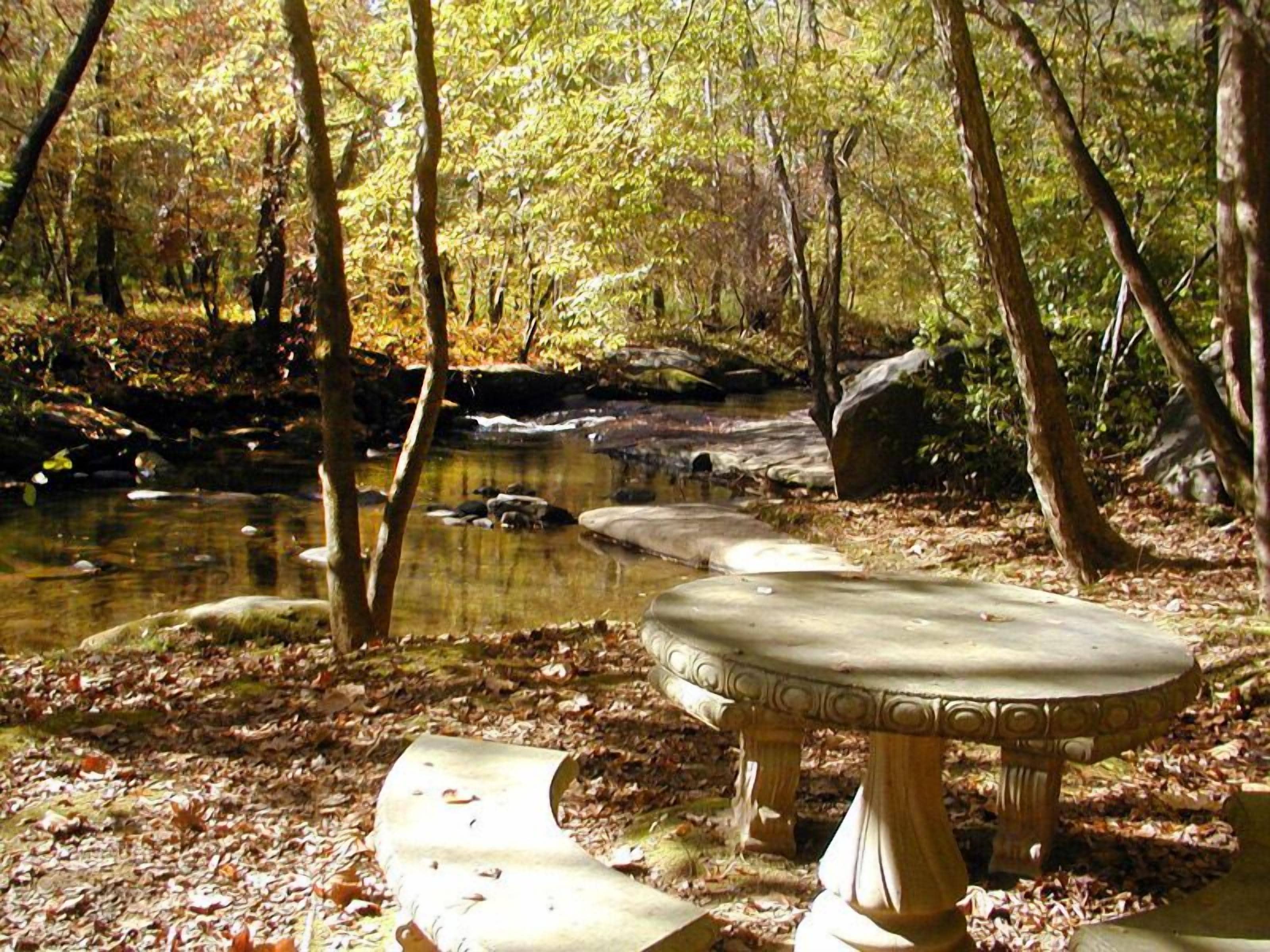 Une table et un banc en pierre, situés dans une zone boisée près d’un ruisseau.