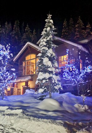 Un paysage enneigé avec une maison en bois dotée de grandes fenêtres et d’une cheminée bien visible.