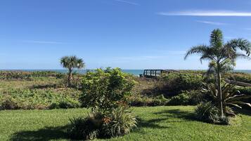 A grassy area with a wooden deck and a view of the ocean.
