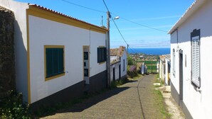 Un vicolo stretto acciottolato, delimitato da edifici bianchi con persiane verdi, che conduce verso una vista sulla costa.