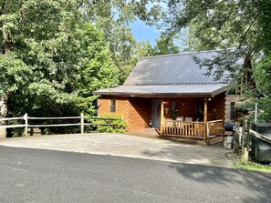 A rustic cabin with a porch, surrounded by trees. - 3 Fireplaces-86" TV theatre room-Nintendo Switch-Pool Table-Wifi-Dog friendly (Sevierville)