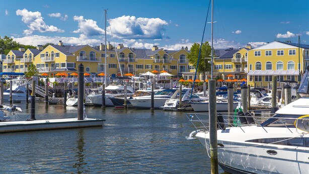 Un puerto deportivo con varios yates amarrados, rodeado de edificios amarillos con balcones.