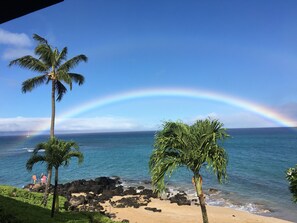 Een strand met palmbomen, een regenboog en de oceaan.