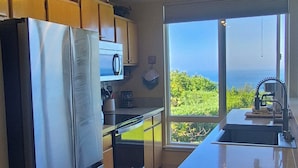 A modern kitchen with stainless steel appliances, wooden cabinets, and a large window offering a view of the sea. - 180 degree Ocean Front Unobstructed View. Sleeps 8
New appliances. (Princeville)