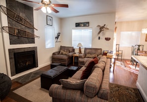 TV, fireplace, DVD player, books