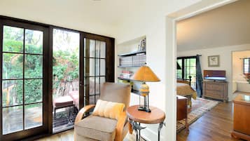 Smart TV, fireplace, books