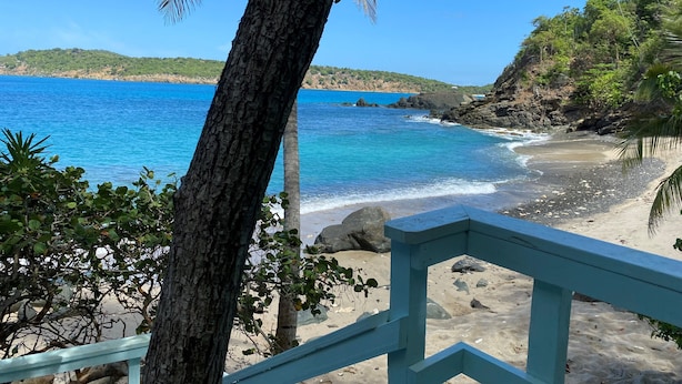 A beach with clear blue water, a sandy shore, and a view of the sea. - The Beach House on St. Thomas with Secluded Sand Beach (St. Thomas)