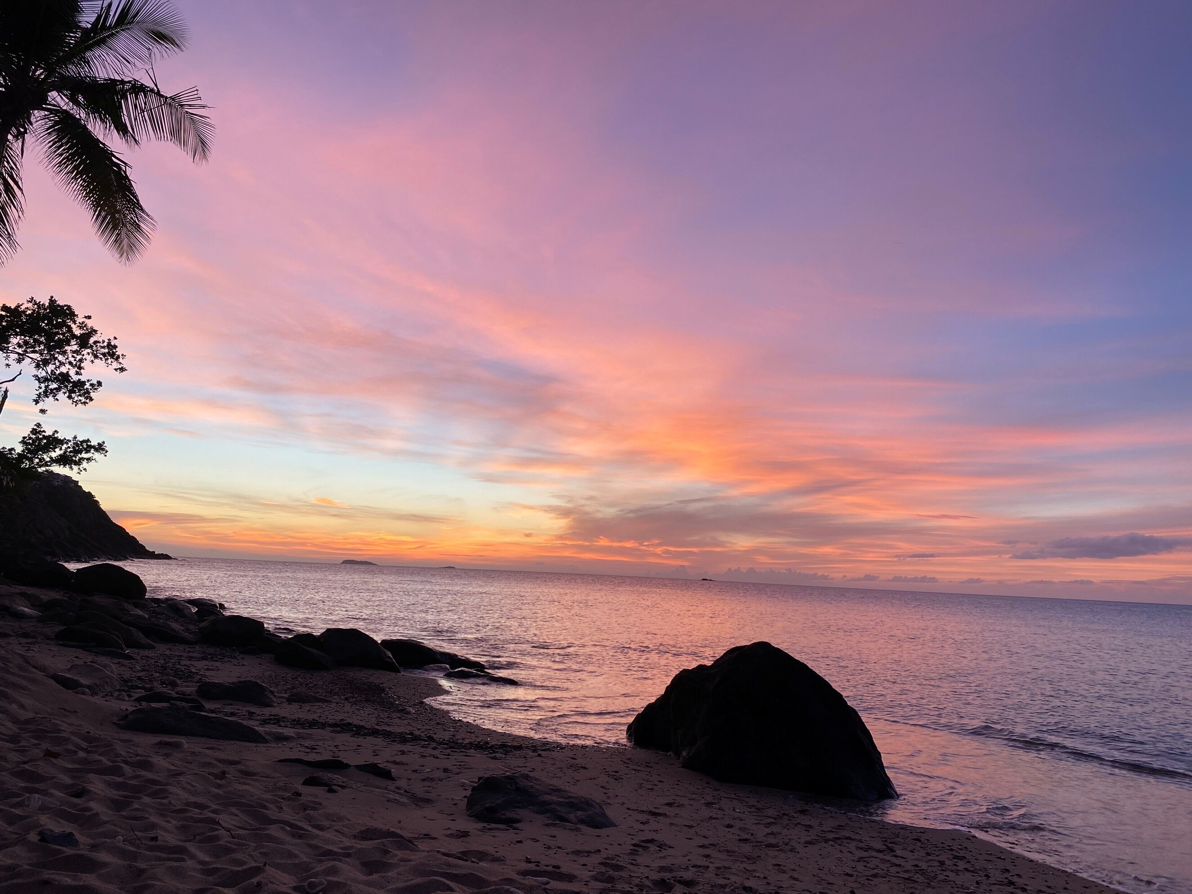 A beach with a large rock in the foreground, a palm tree on the left, and a sunset over the ocean.