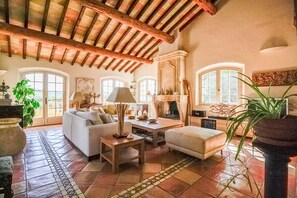 Televisio, takka, DVD-soitin, kirjoja