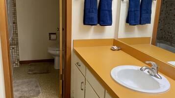 Combined shower/tub, hair dryer, towels