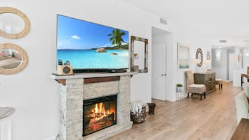 Smart TV, fireplace, DVD player, books