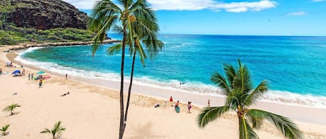 On the beach, sun-loungers, beach towels