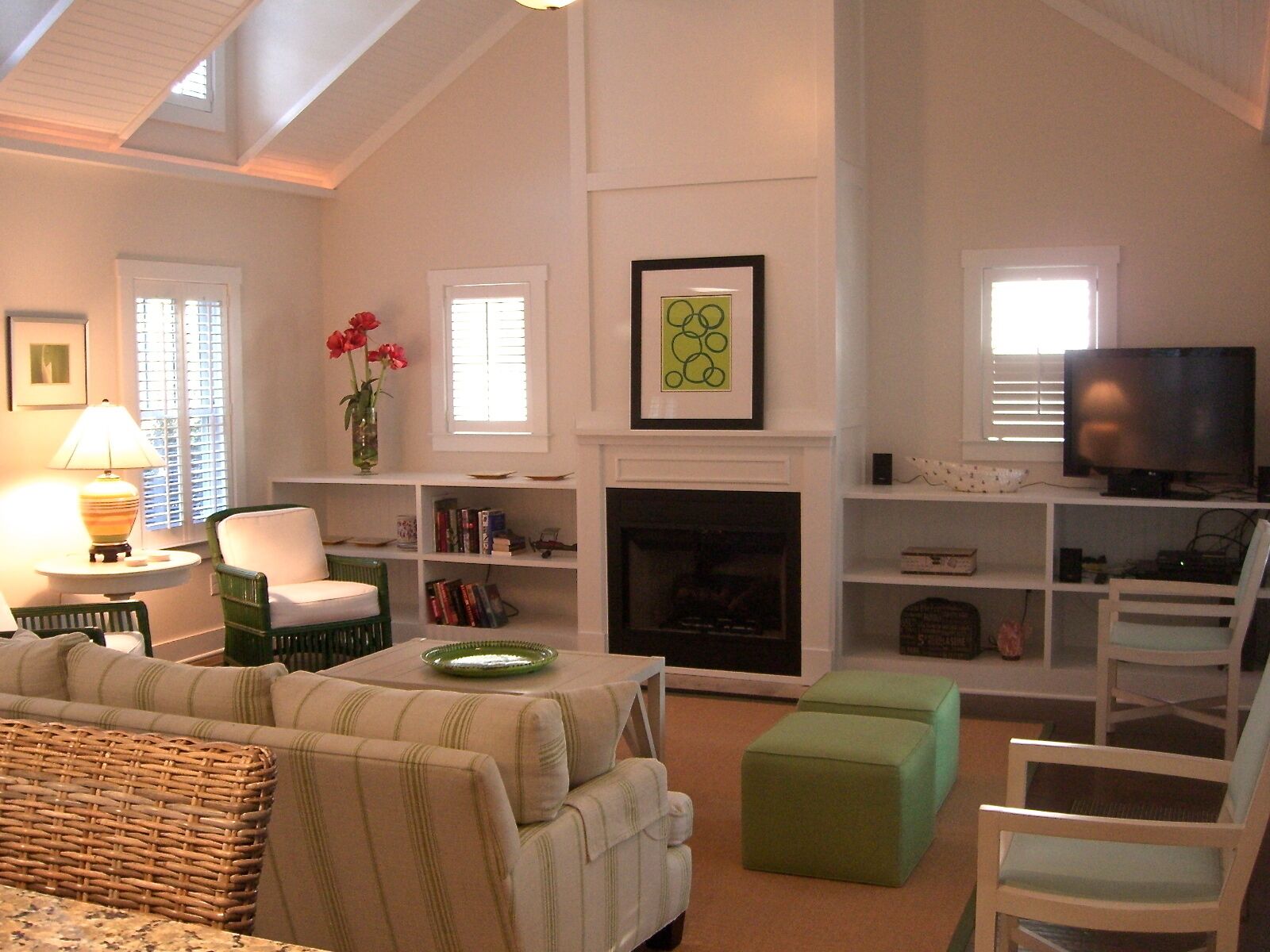 Smart TV, fireplace, DVD player, books