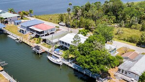 A marina with docked boats, a small house with a red roof, and a large tree.