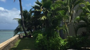 A hotel with a poolside area, palm trees, and a view of the ocean.